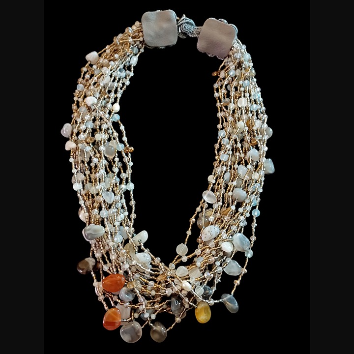 Natural Stone Multistrand Beaded Rhinestone Leather Back Strap Necklace 23