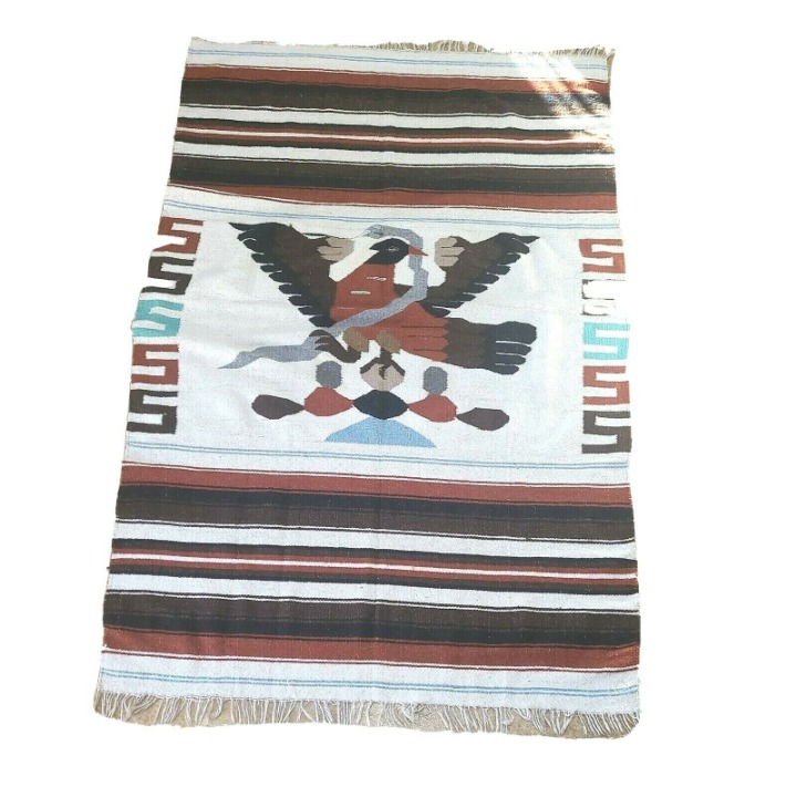 Mexico Durie Kilim soft Woven Wool Rug thick throw Phoenix & Snake Crest Aztec