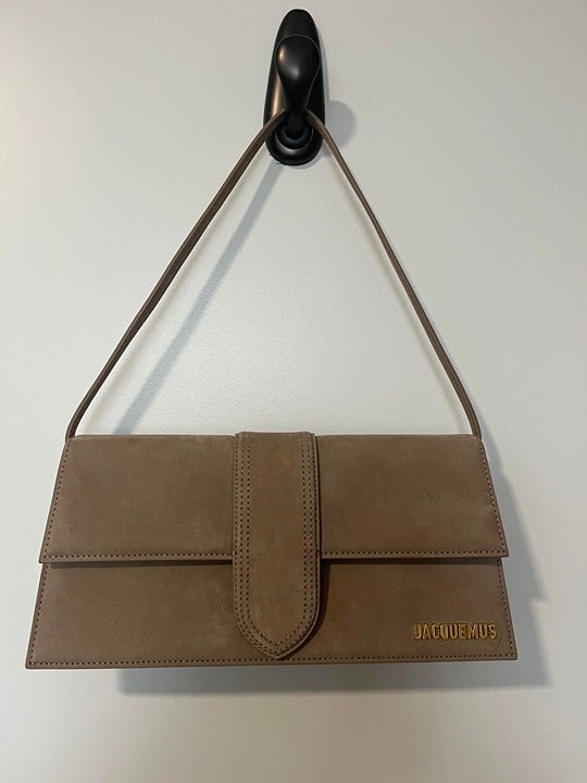 Jacquemus Le Bambino Long Suede Shoulder Bag in Dark Beige