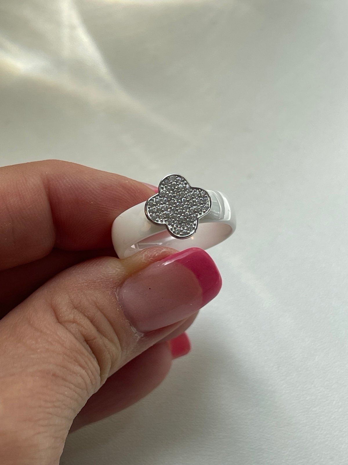 White Ceramic Ring with CZ Flower Design