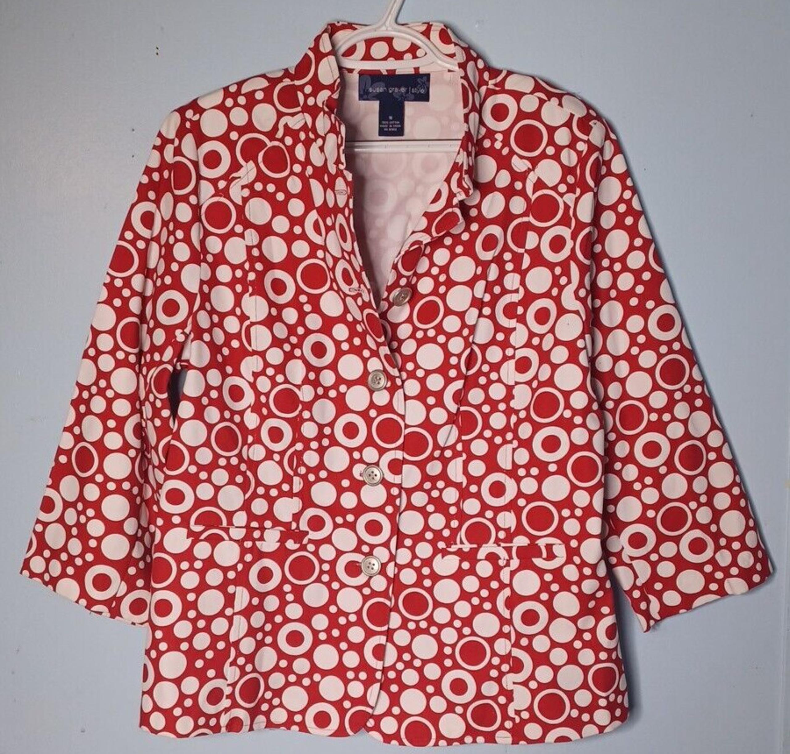 Susan Graver Style Medium Blazer Red White Circles Button Closure