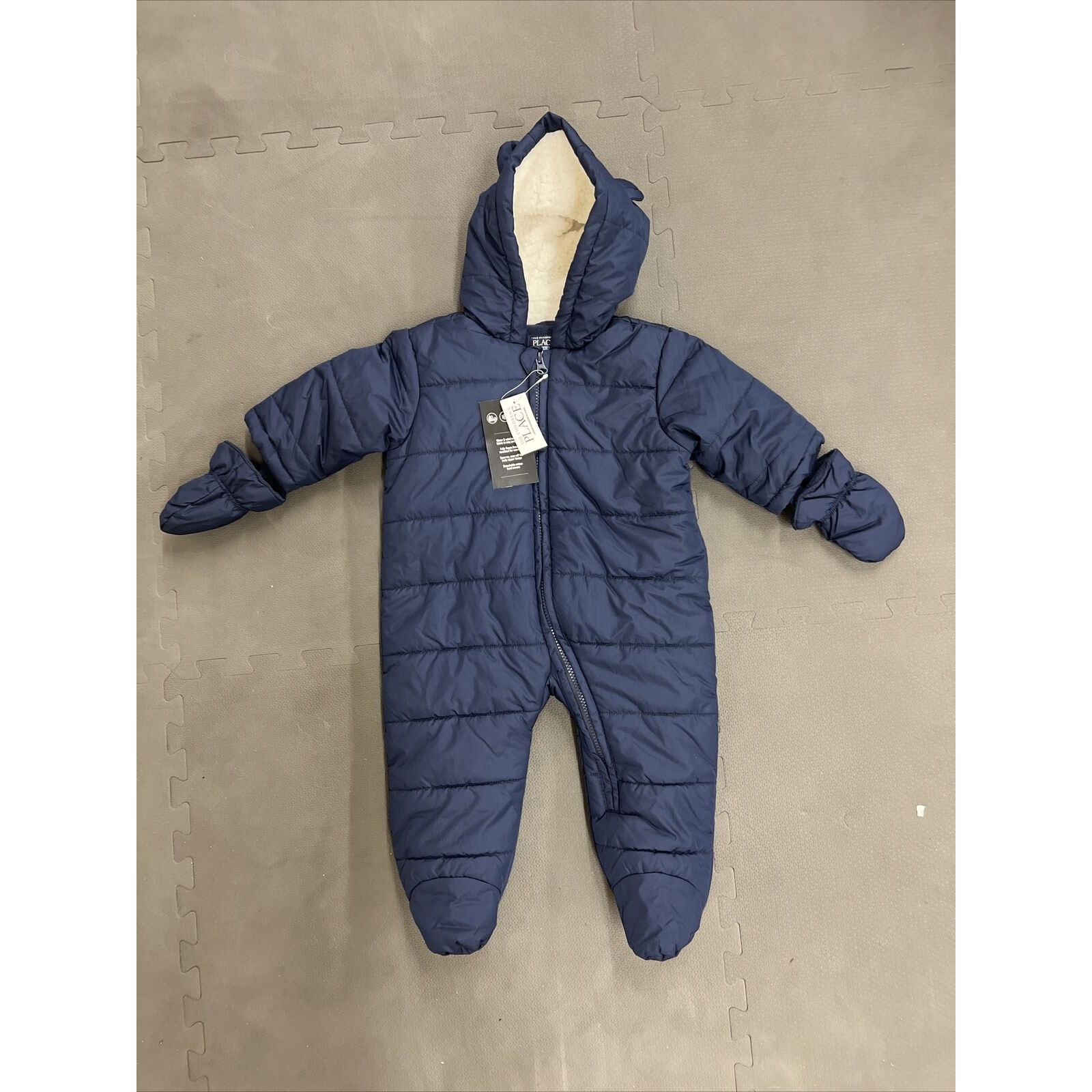 NWT CHILDRENS PLACE Baby Boys SNOWSUIT Navy Blue size 6-9m HOOD EARS Fleece FS