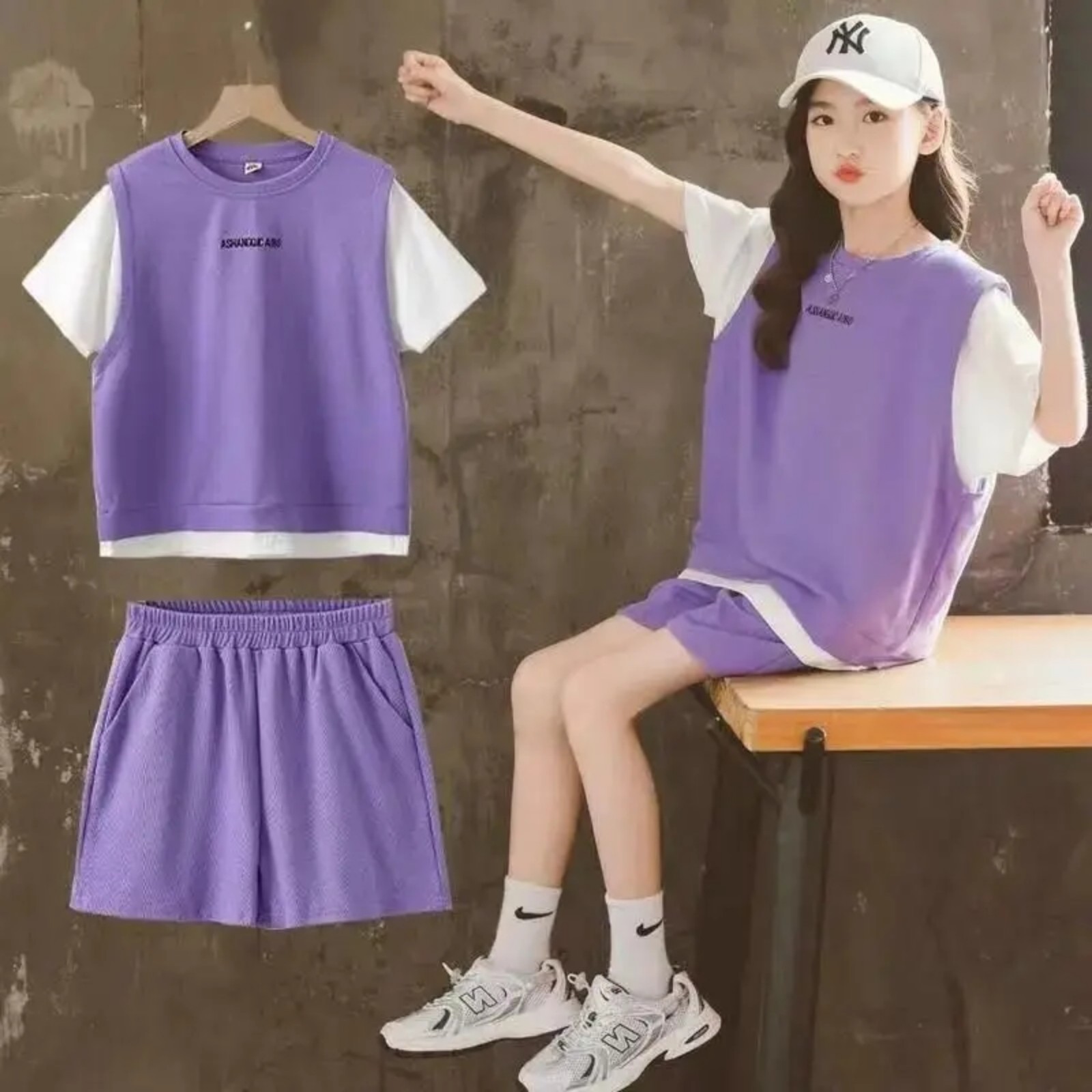 Girl's Purple 2 PC Tee/Short Set 130 6-7T