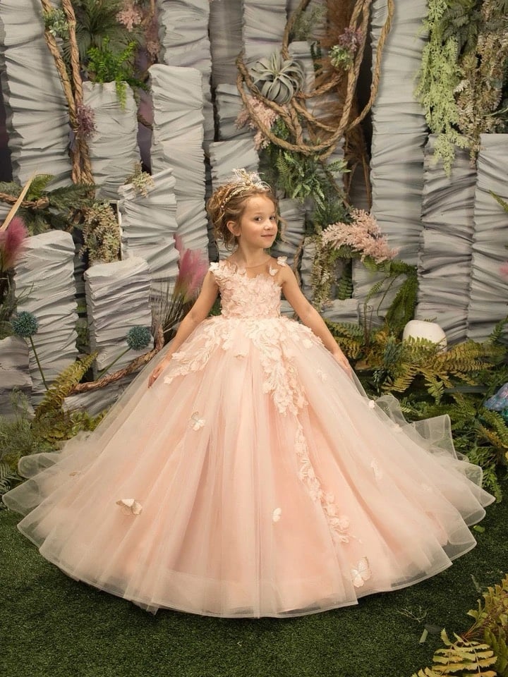 Children’s Pink Embroidered Flower Girl Tulle Dress