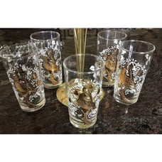 5 Vintage Libby PARTRIDGE IN A PEAR TREE 5 1/2 Glasses with GOLD & WHITE Design