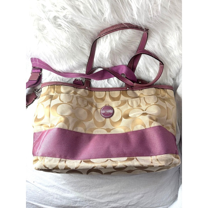 Coach Signature Canvas Tote Bag/Diaper Bag Pink Leather Trim & Shoulder Strap
