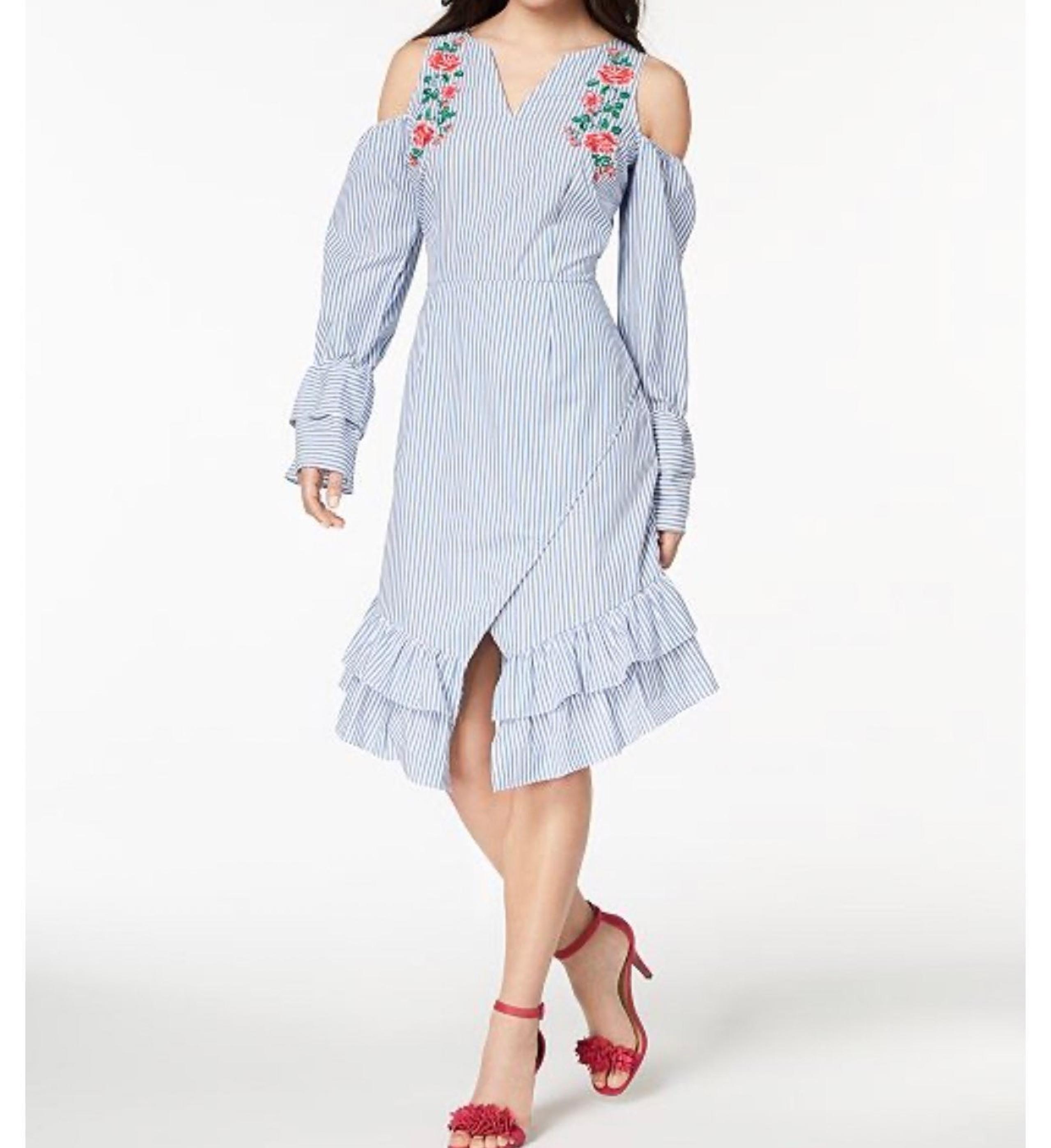 XOXO Blue White Stripped Juniors' Striped Embroidered Wrap Dress M NWT