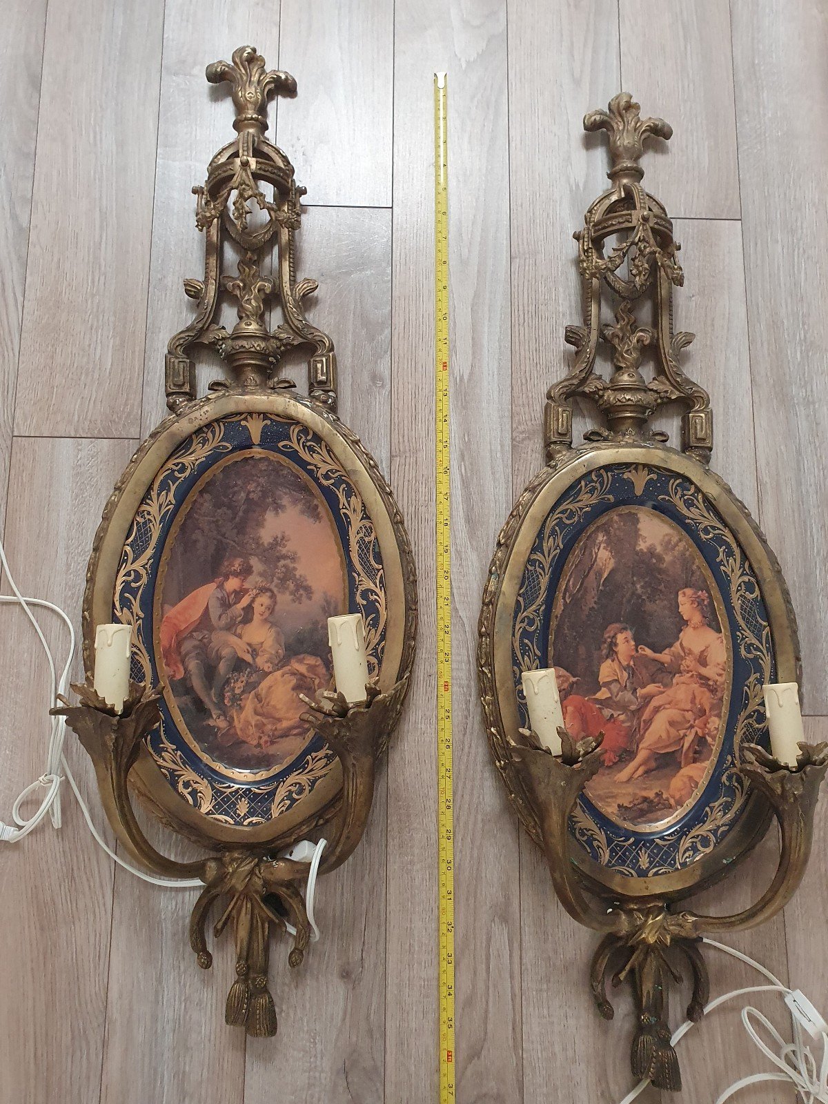 Roccoco cast bronze and porcelain imperial wall sconces, hard wired, price for 2