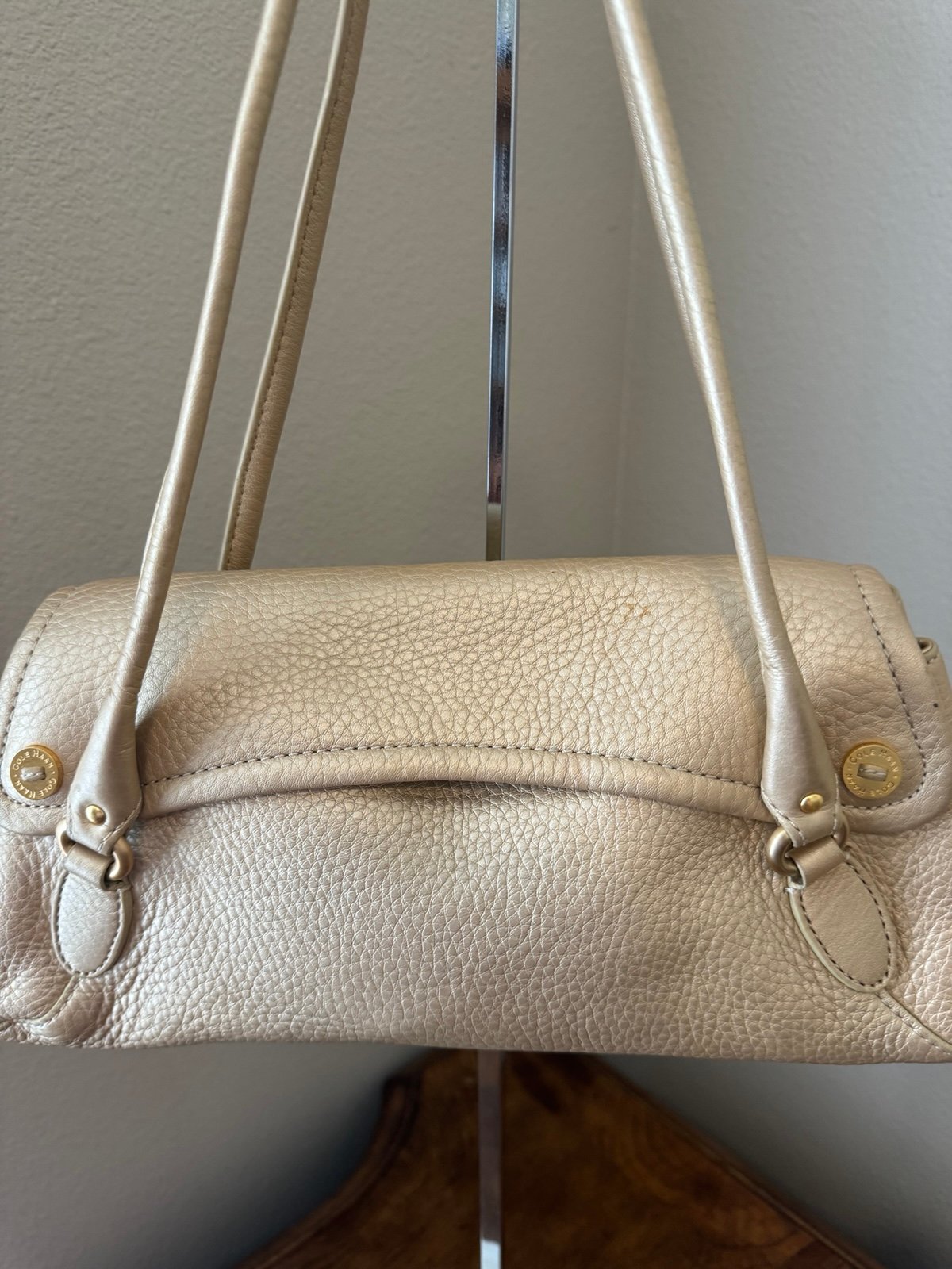 COLE HAAN Shimmering Gold Pebbled Leather Flap Over Shoulder Bag.