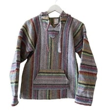 Mexican Boho Hooded Baja-Stripe Multicolor Unisex Pullover Pancho Sweater Kangar