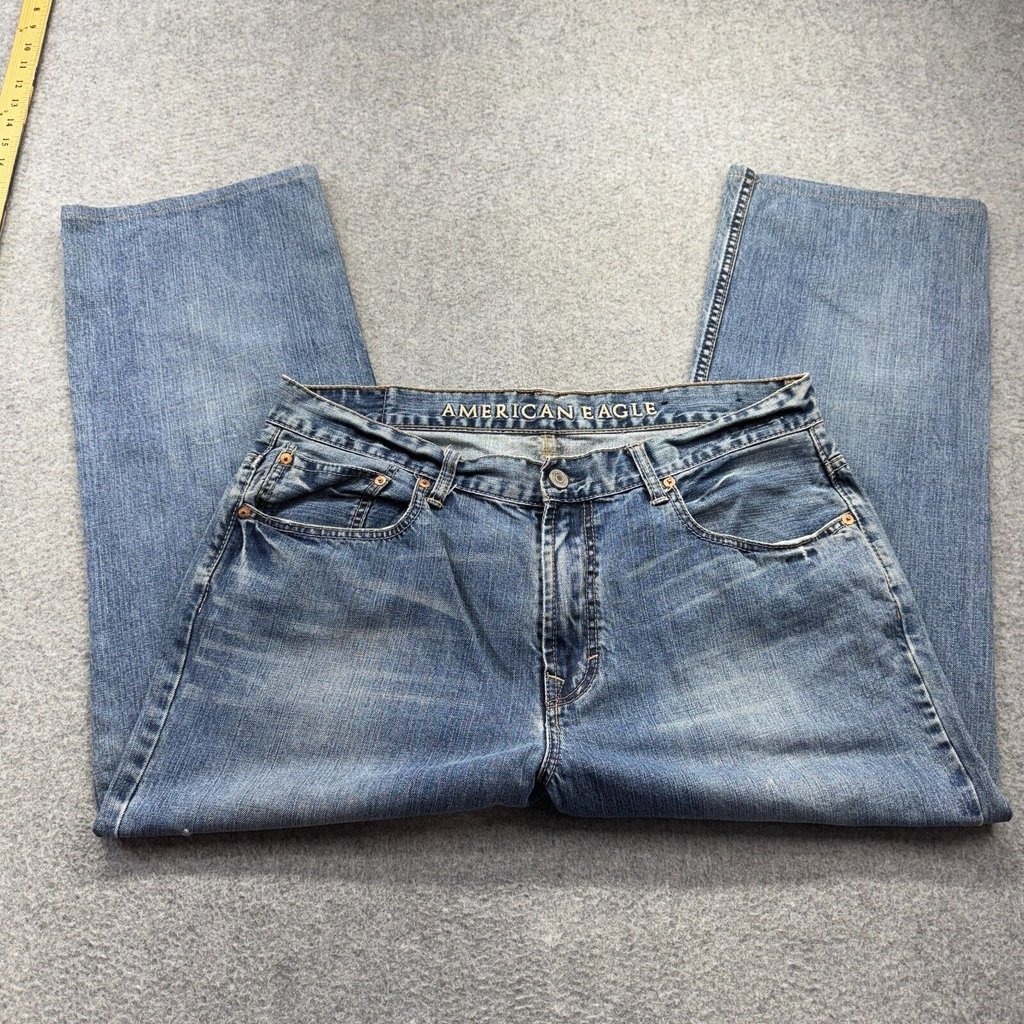 American Eagle Mens Jeans 36x26 Baggy Fit Wide Leg Y2K Light Wash Distressed AEO