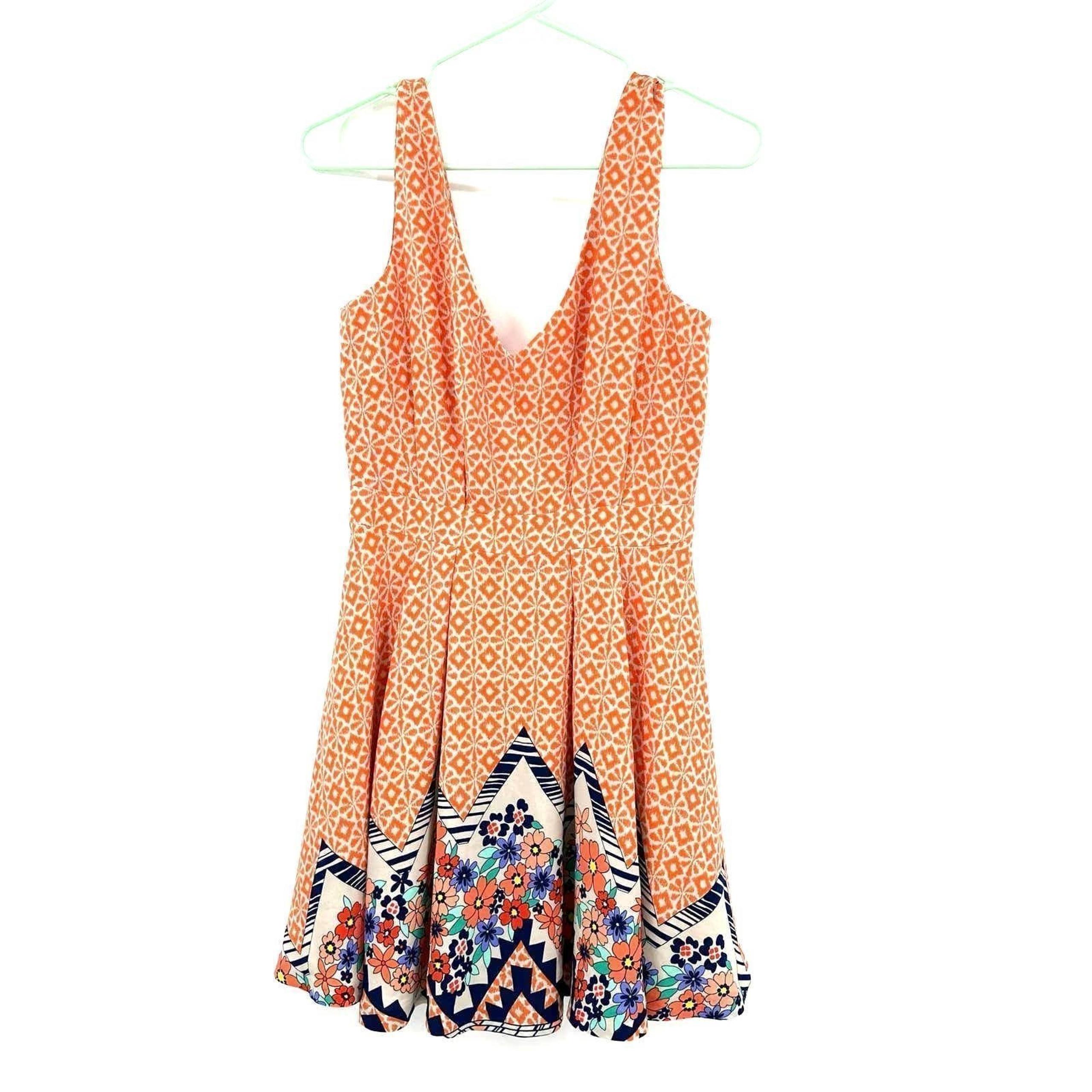ark & co size small sleeveless dress orange white geometric print v neck & back