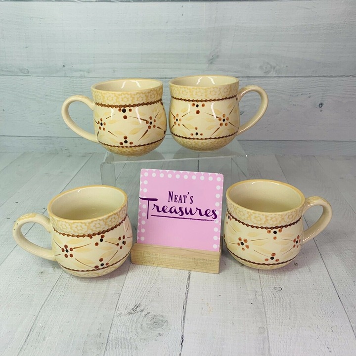 Temptation By Tara OLD WORLD CREAM Spong Bands Yellow Floral 12oz Mug Cup Set 4