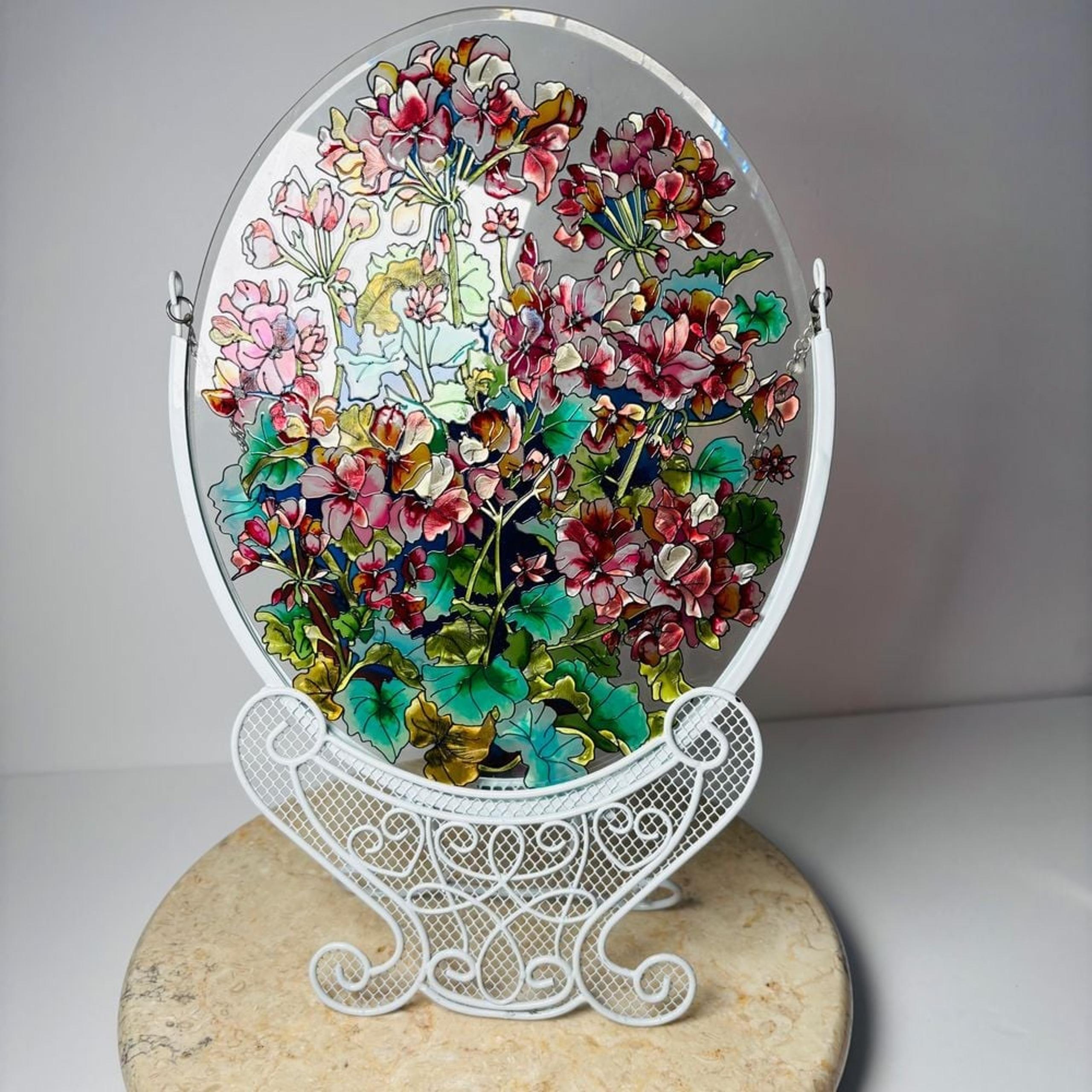 Stained Glass Floral Suncatcher Hanging Ornate Stand Hand Painted Oval - AMIA