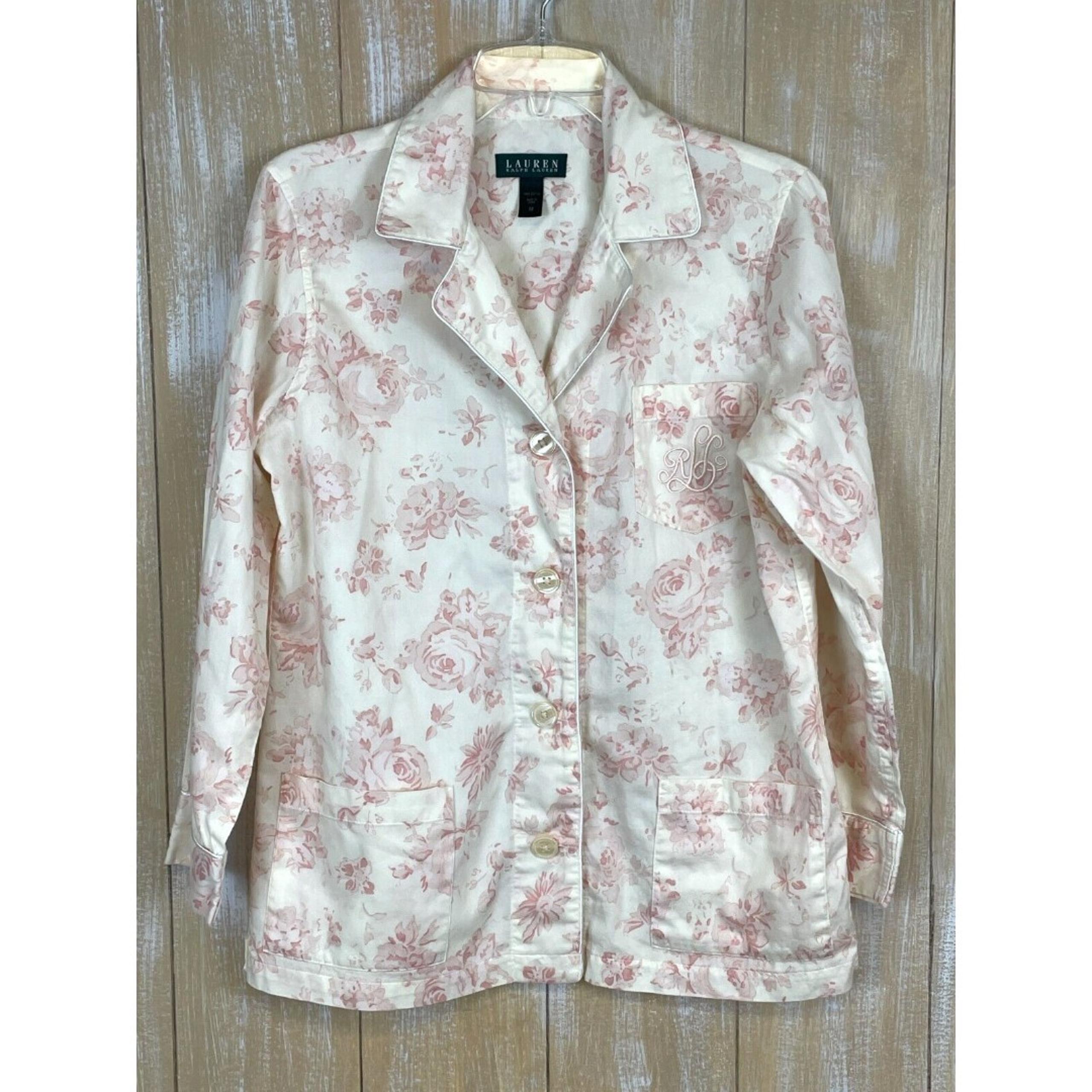 Lauren Ralph Lauren Womens Flannel Pajama TOP Size M Pink White Cottage Core