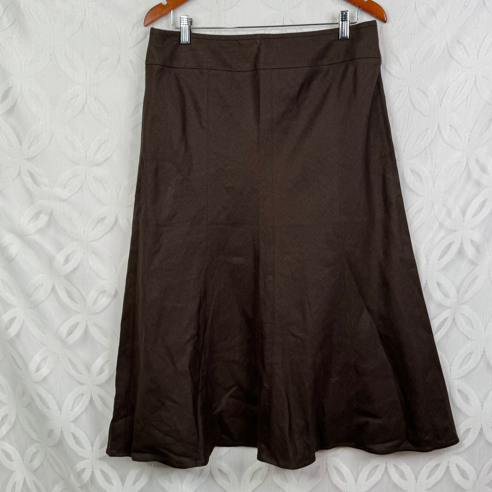 Talbots Petite 100% Pure Irish Linen Chocolate Brown A-Line Midi Skirt Sz 12 NWT