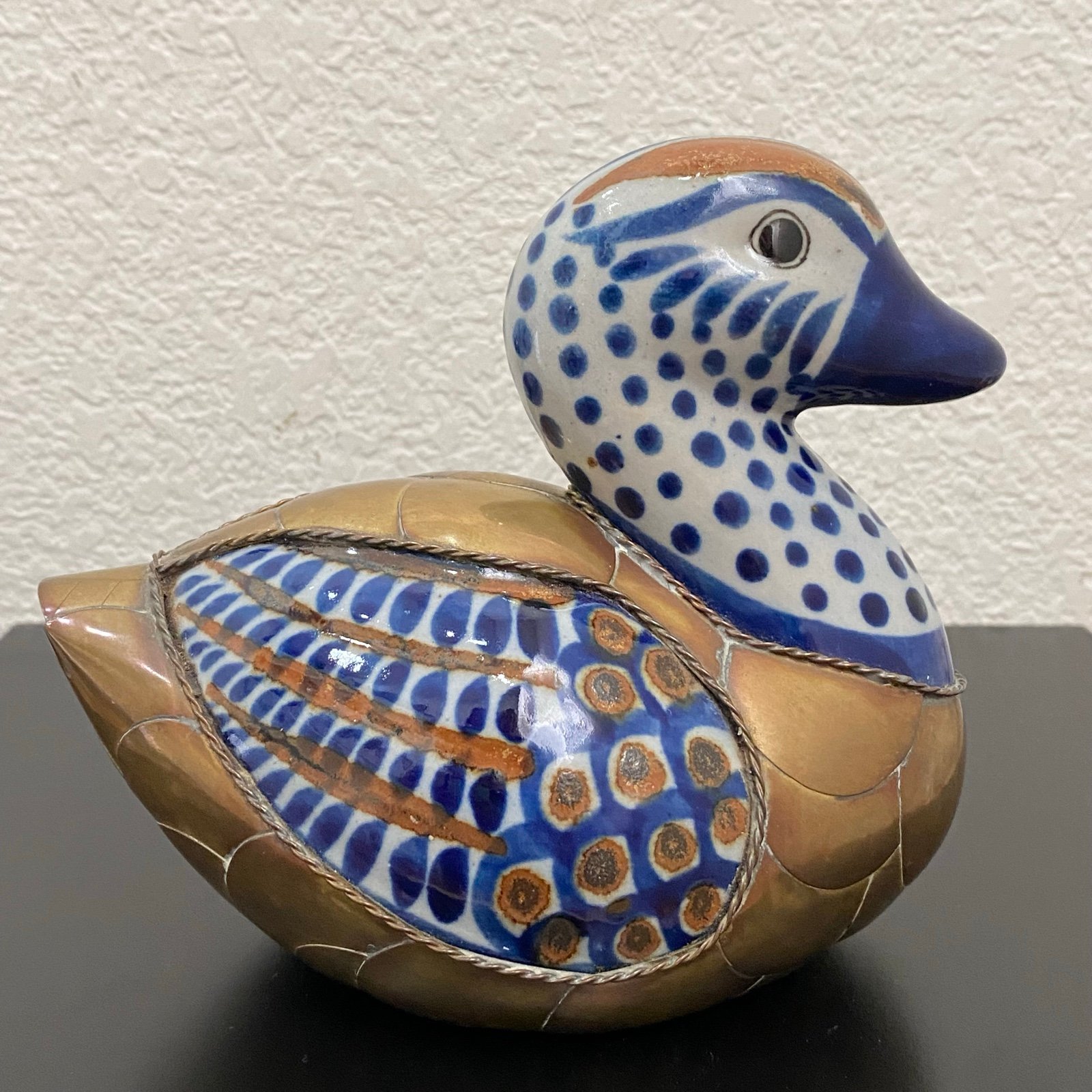 Vintage Hand Painted Ceramic & Brass Mexican Folk Art Blue White Duck Figurine