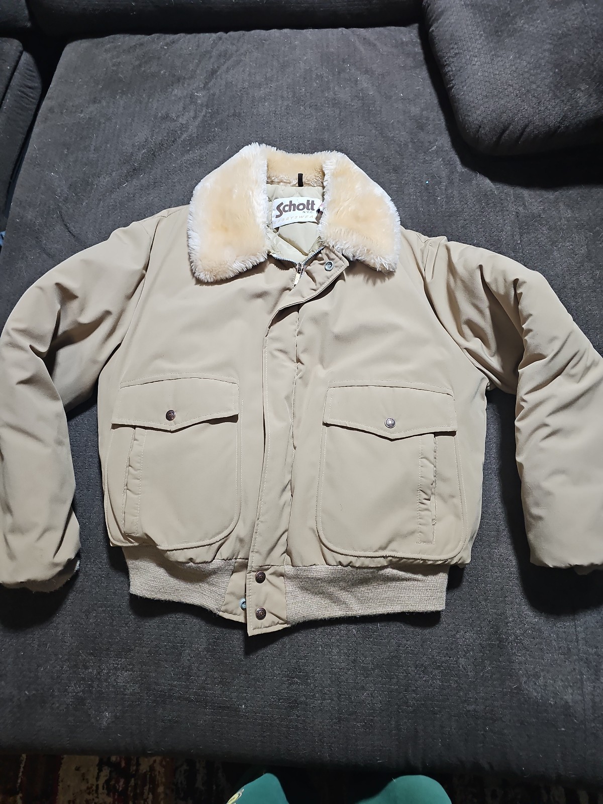 80s Schott N.Y.C down jacket tan faux fur collar Sz M
