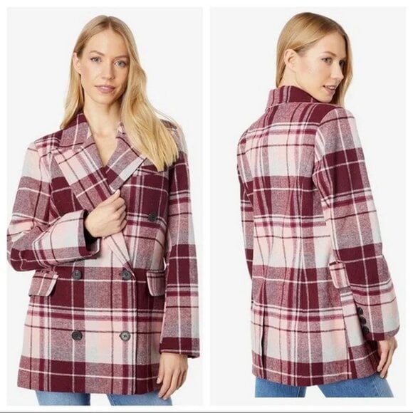 Avec Les Filles Plaid Burgundy Cranberry Pink Jacket Coat