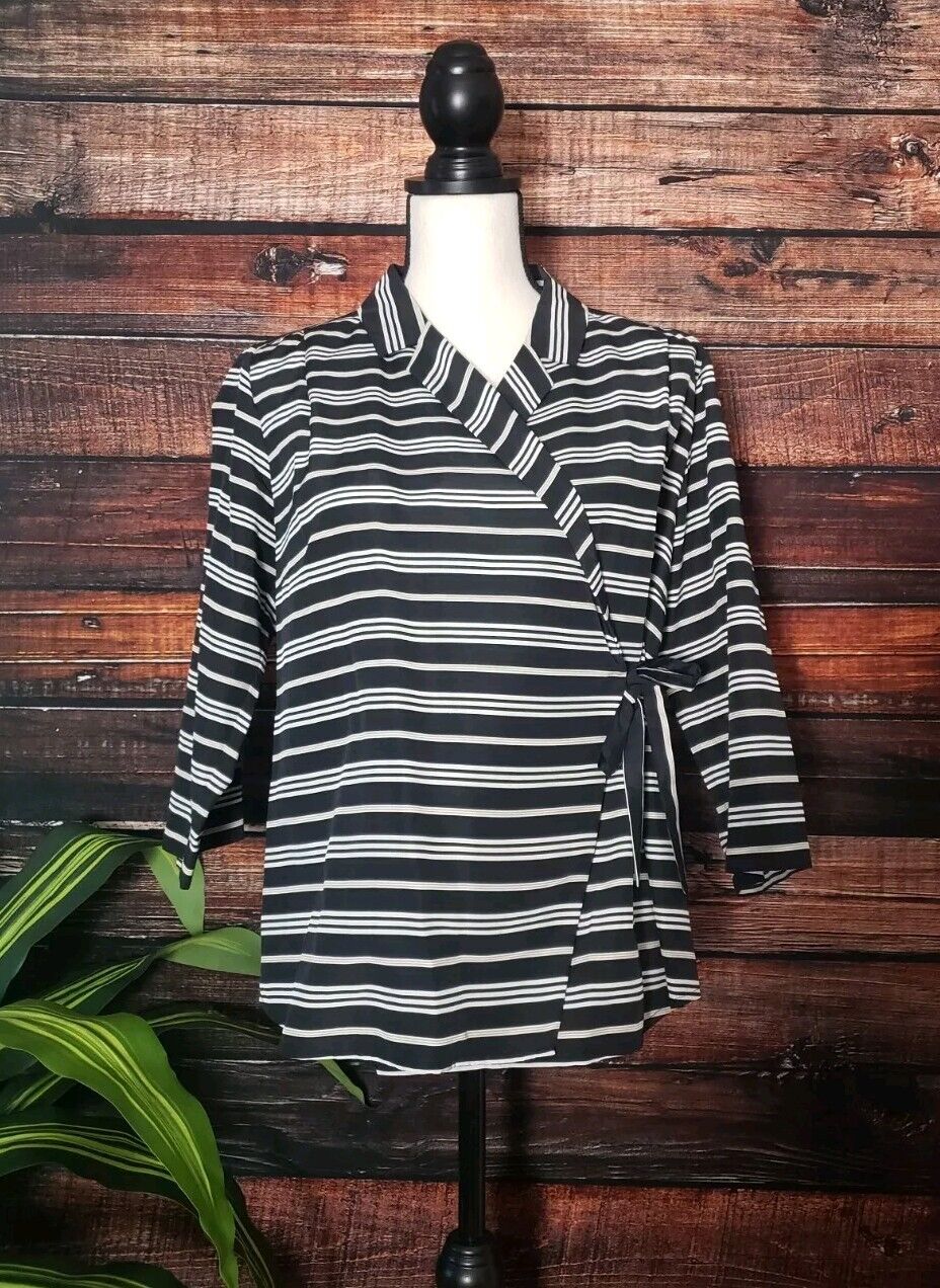 Pendleton M Petite Silk Blend Wrap Tie Crop Sleeve Top Blouse Shirt Stripe NWOT
