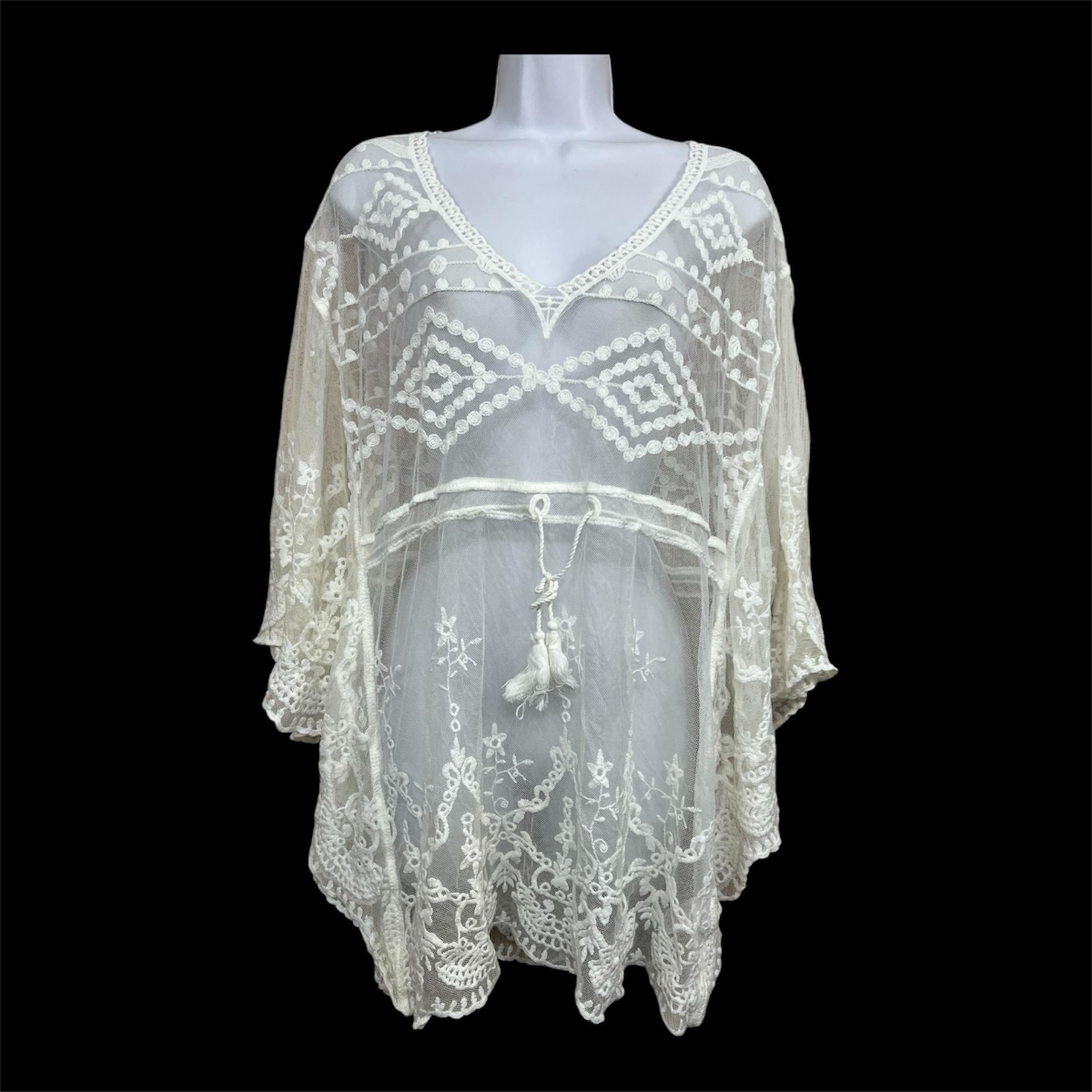 Women Sheer Lace Mesh Cover Up Top S/M White Embroidered Boho Ethereal Fairy