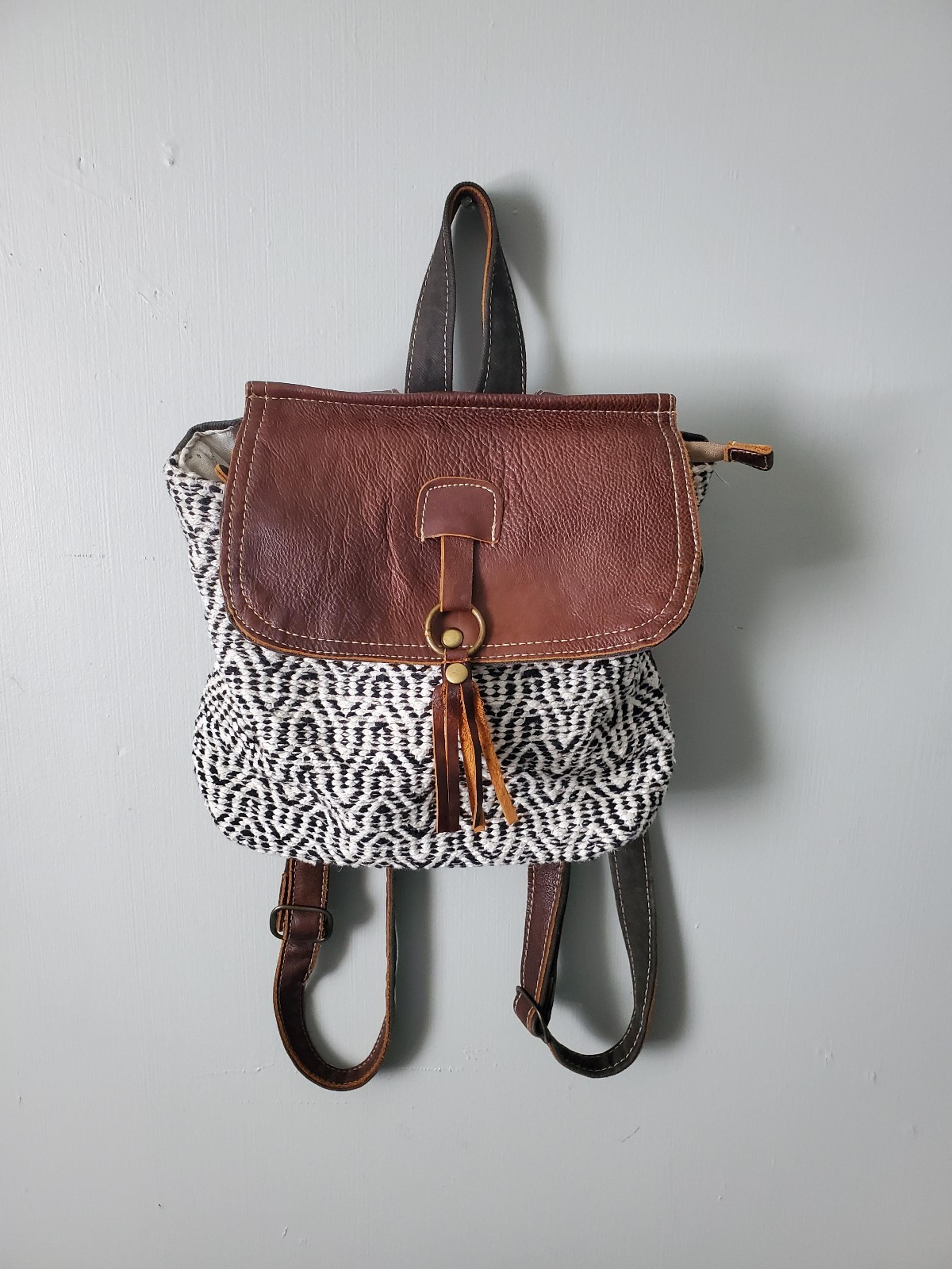 Myra Bag | Leffis Boho Upcycled Canvas Leather Tassel Rug Backpack