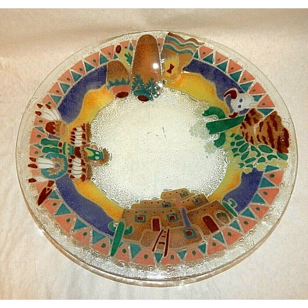Peggy Karr Fused Glass Console Serving Bowl Adobe House Kachina Southwest Signed