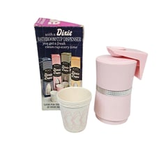 Vintage Dixie Cup Pink Bathroom Dispenser w/4 3 oz Cups Mid Century Modern K84
