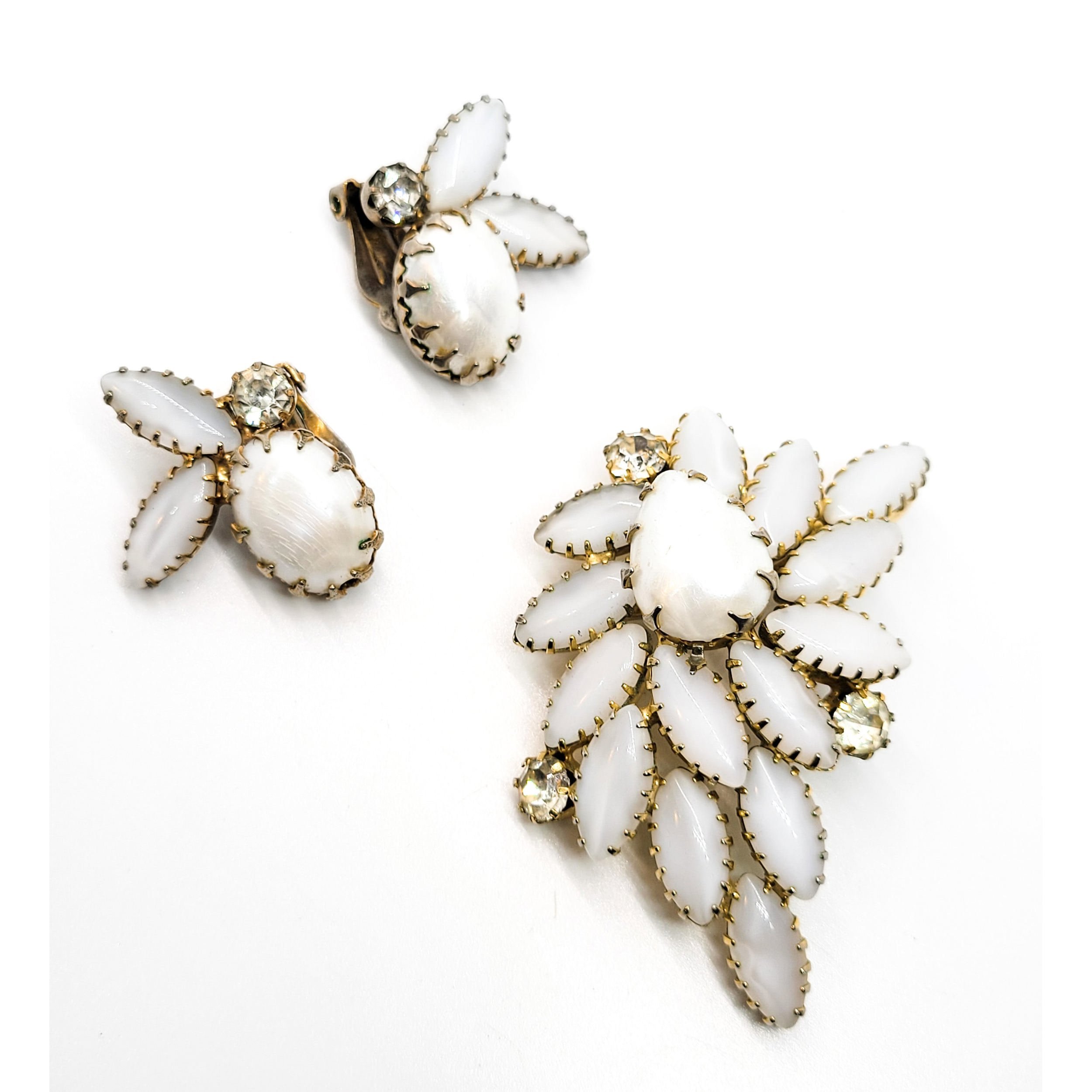 White cat's eye and faux pearl prong set vintage brooch and earrings set