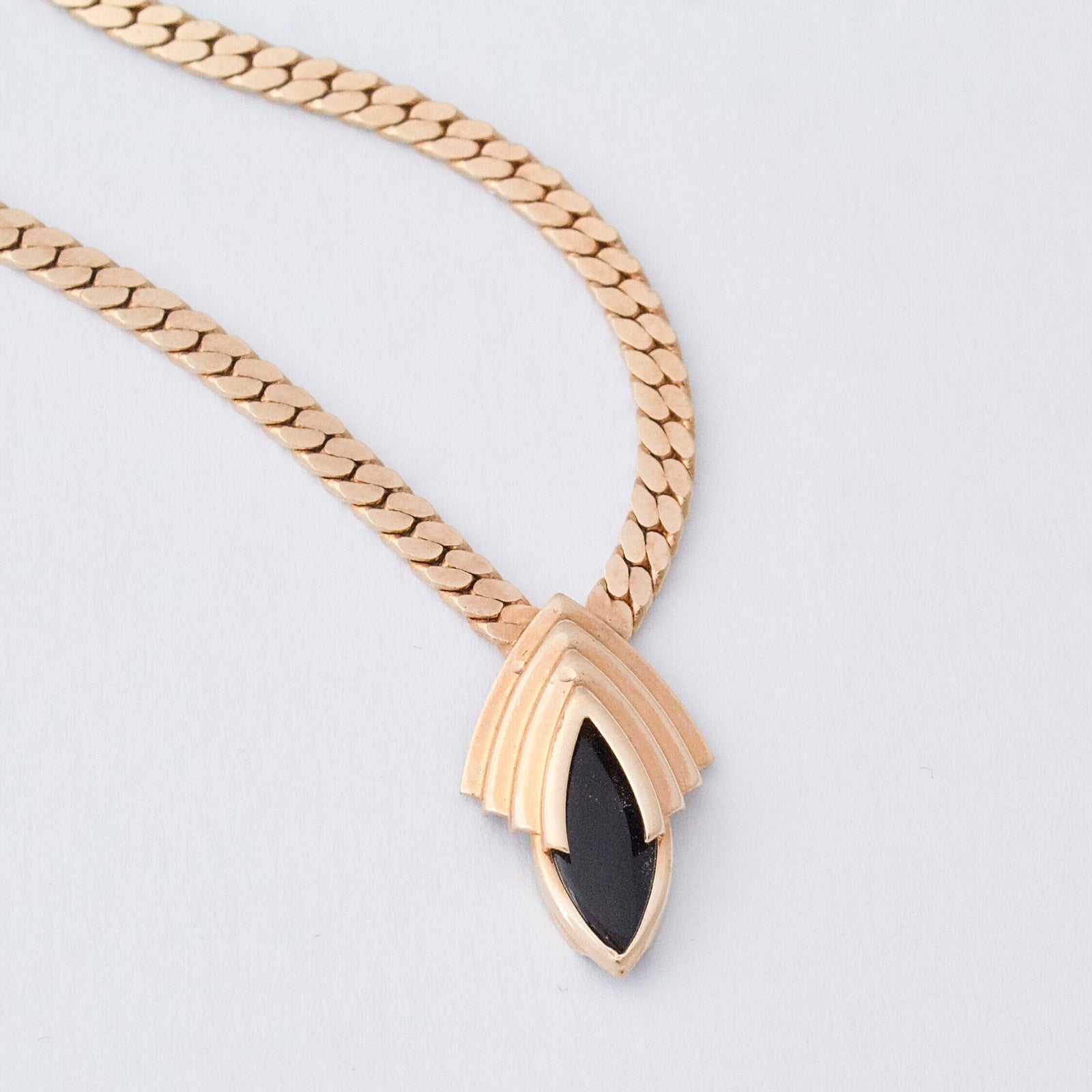 Vintage Black Marquise Pendant Necklace Gold Plated Chain