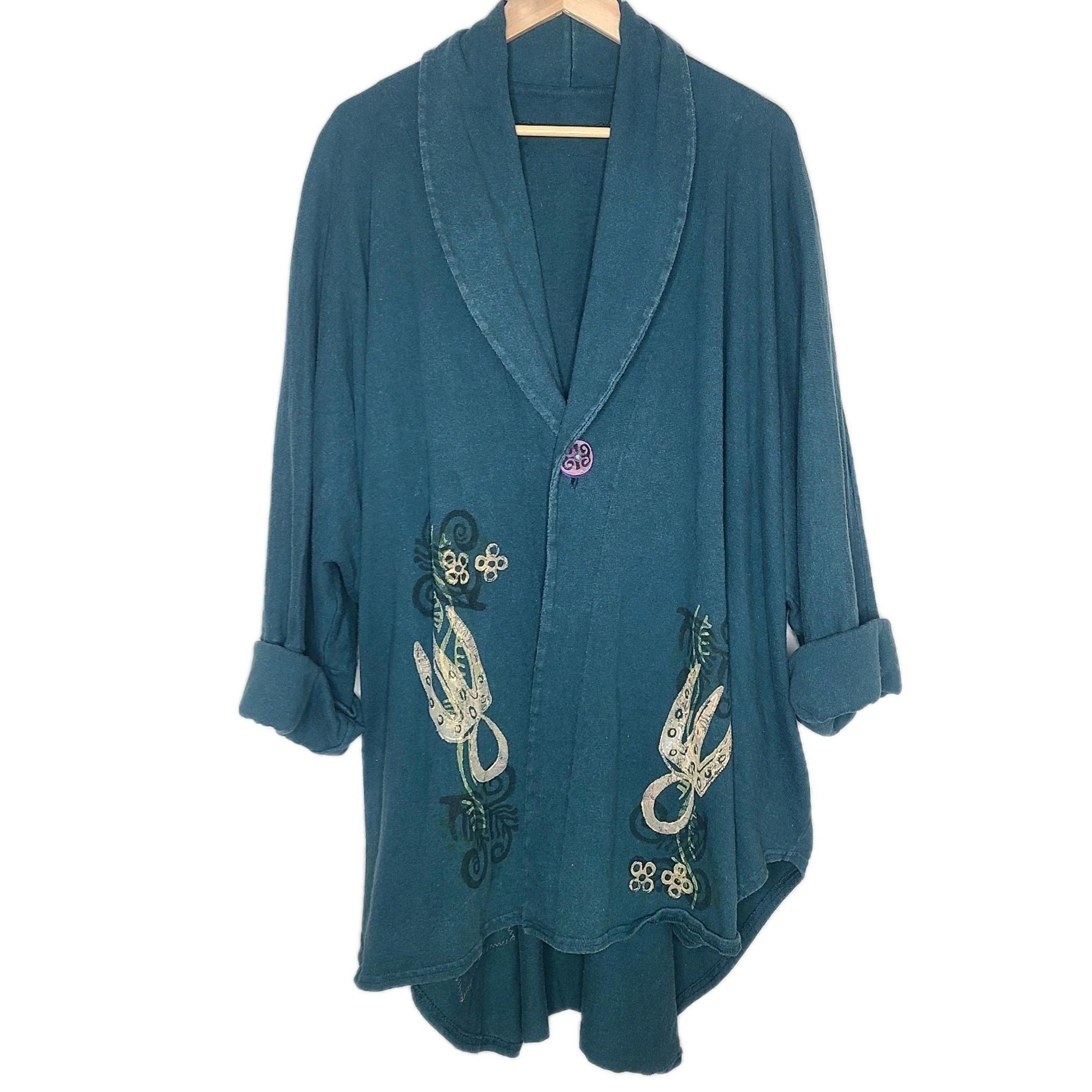 Vintage Blue Fish 1996 Phoenician Jacket Abstract Viridian Lagenlook  O/S