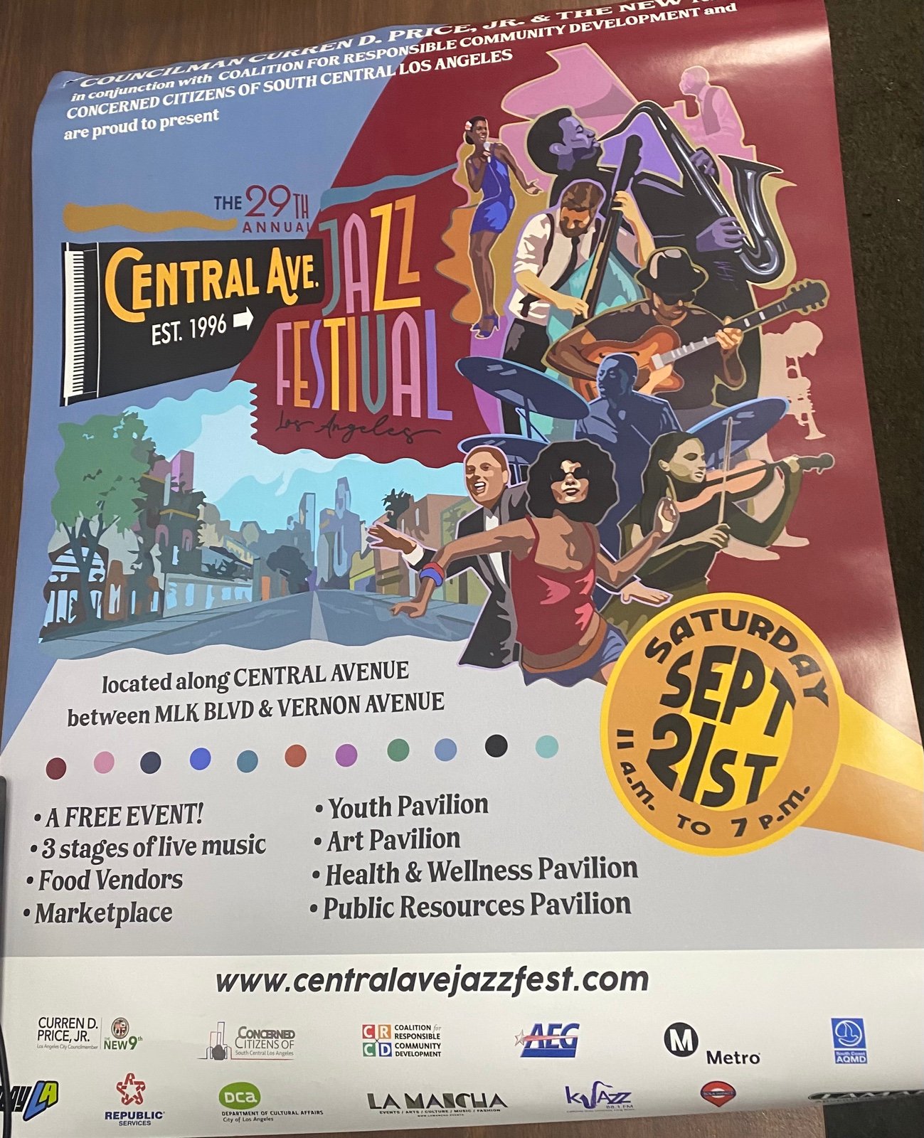 29th Annual 2024 Central Avenue Jazz Festival Poster. Double Sided Engli Spanish