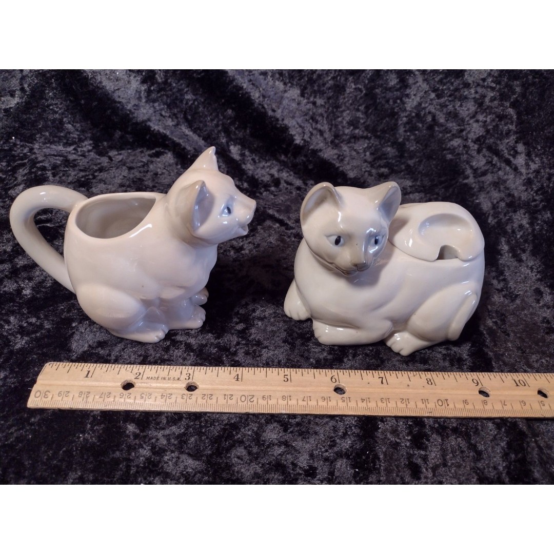 Vintage Henriksen Porcelain Siamese Cat Creamer and Sugar Bowl Set Japan MCM