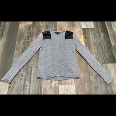 Elizabeth and James Gray Knit Sweater w/ Black Lamb Leather Trim Zip Front Sz M