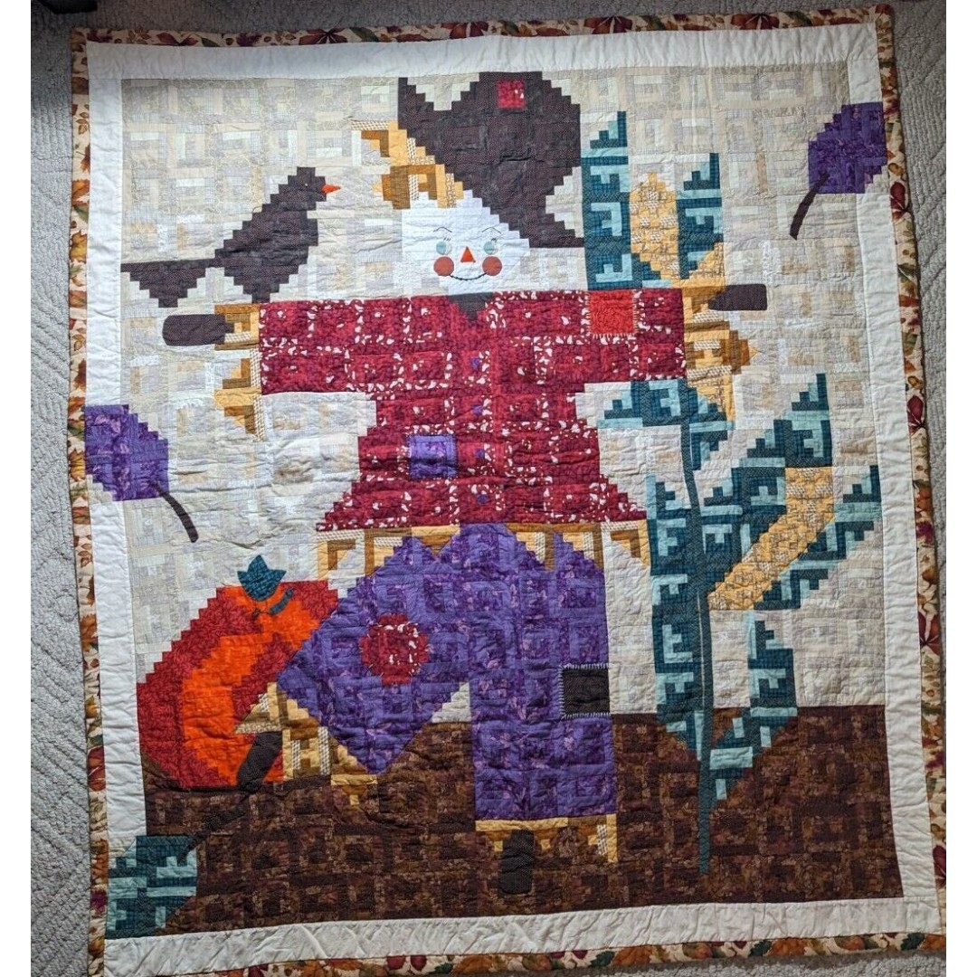 Handmade Patchwork Quilt SCARECROW Log Cabin Squares Wall Hanger 69 x62