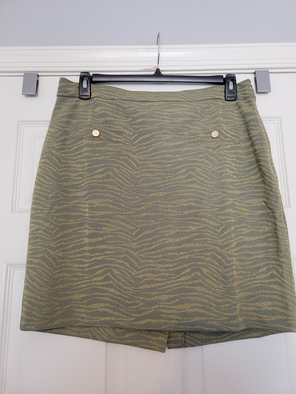 Michael Kors Womens Animal Print Army Green Gold Pull on Midi Skirt New With Tag