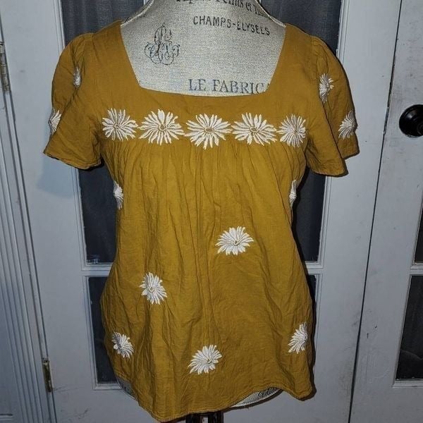 Madewell Womens Mustard Yellow Floral Embroidered Butterfly Top Blouse XS