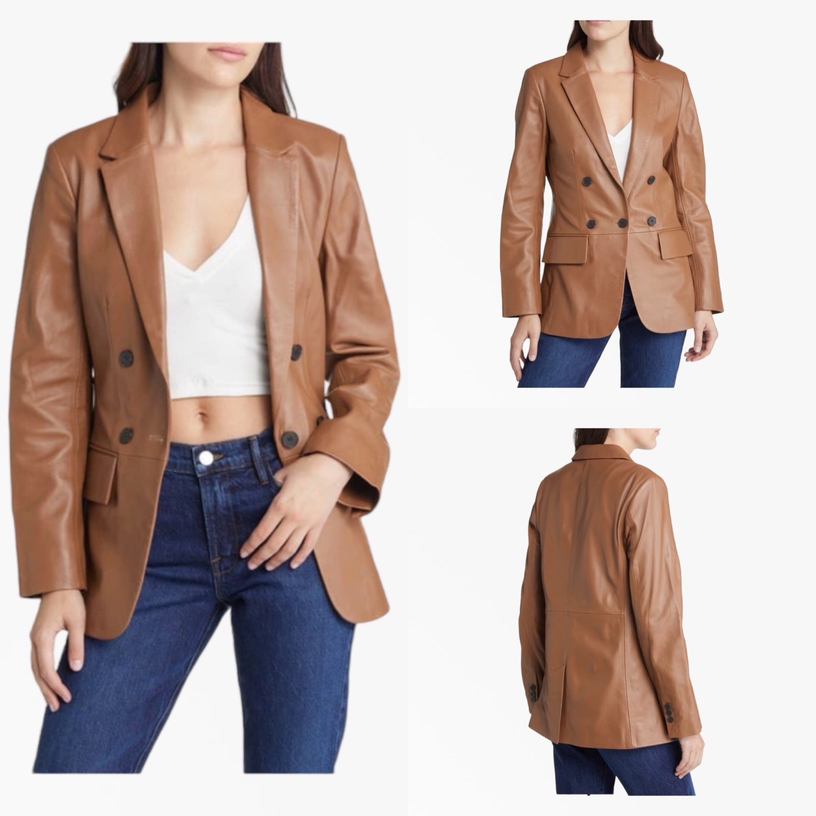 FRAME '70s Women’s Double Breasted 100% Lamb Leather Blazer In Latte Size O