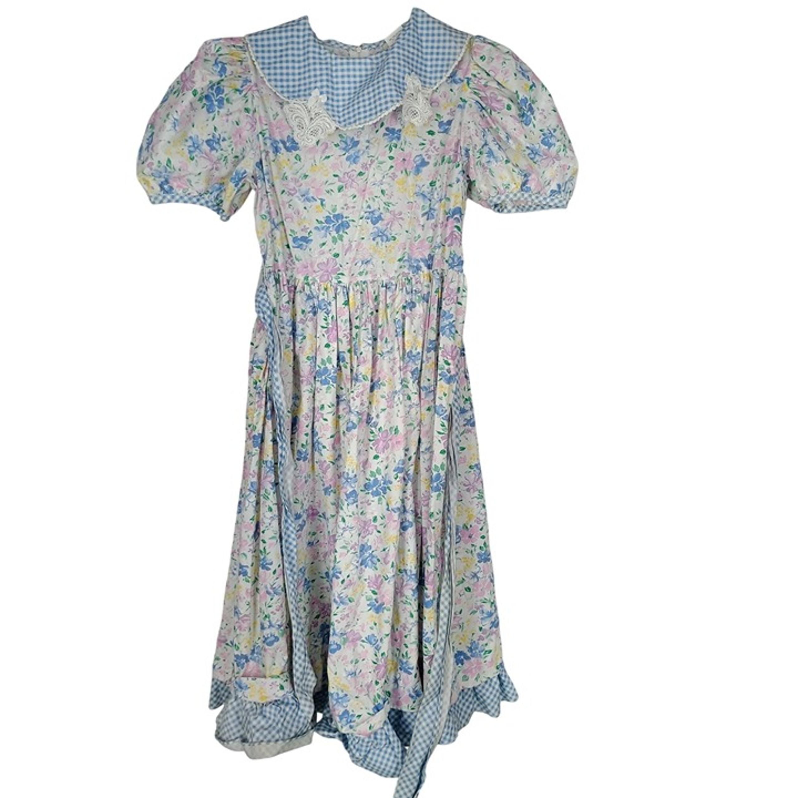 Rare Editions Vintage Girls Blue Floral Smocked Size 12 1/2 Floor Length Dress