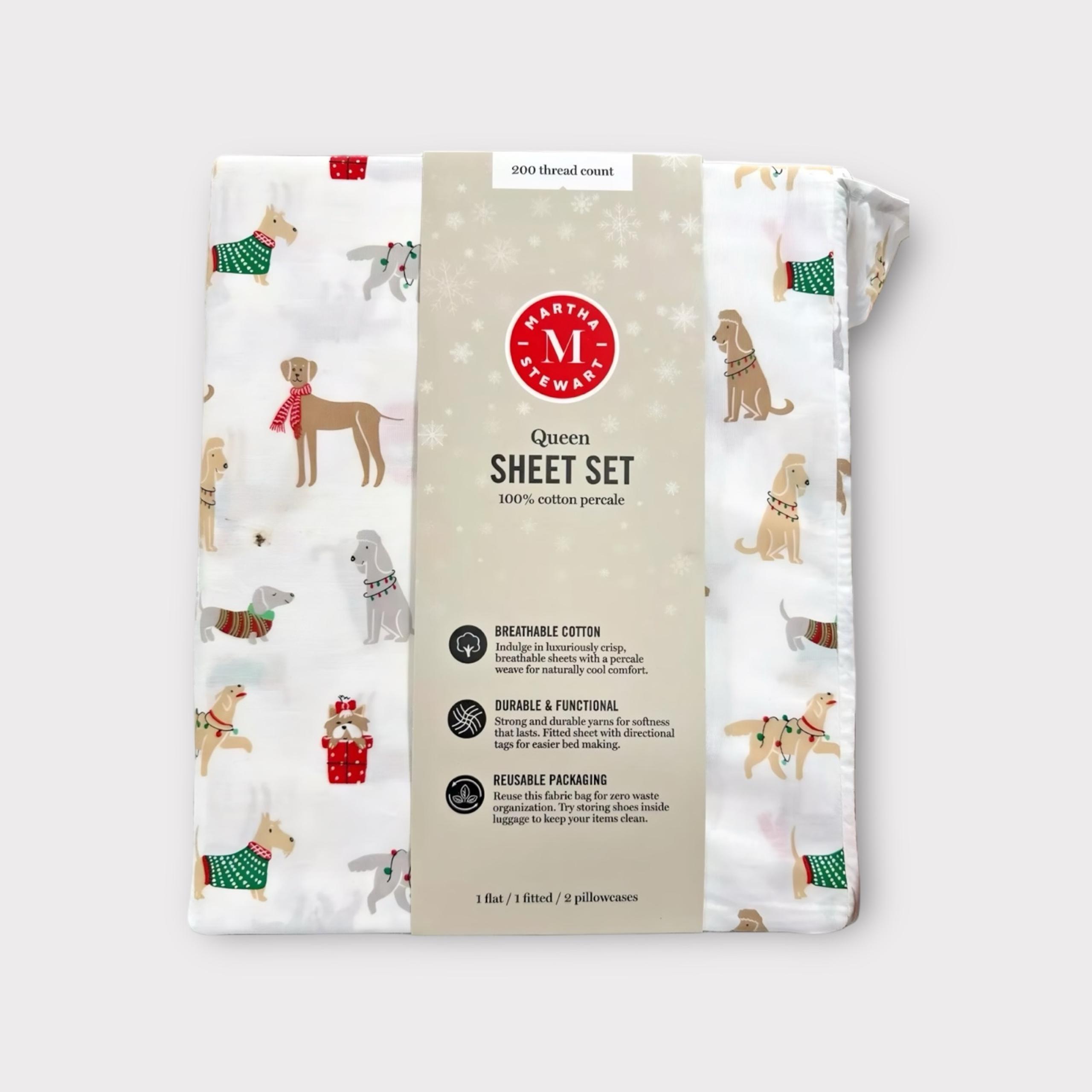 Martha Stewart 100% Cotton Percale 4pc Queen Sheet Set Christmas Dogs