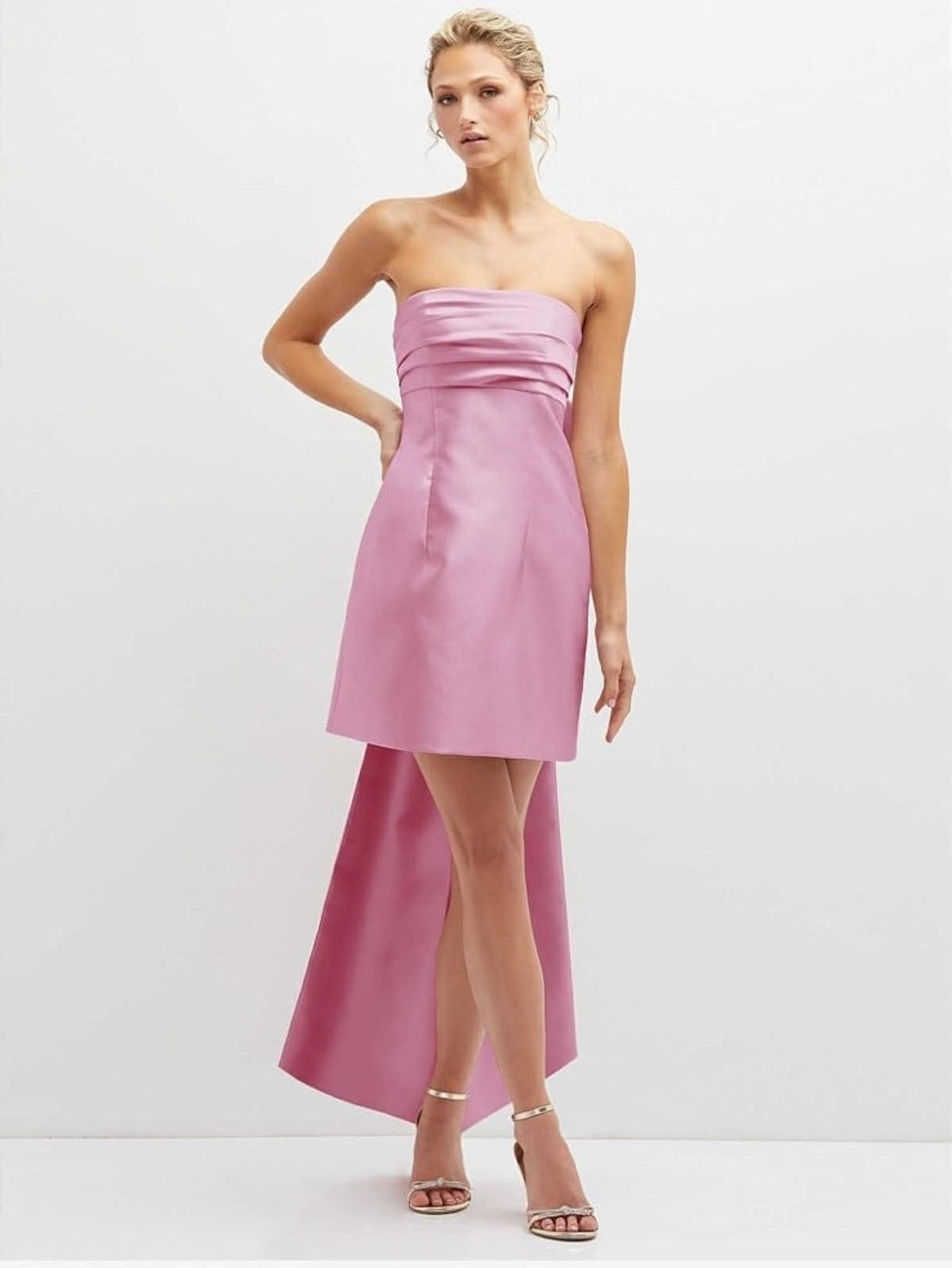 STRAPLESS SATIN COLUMN MINI DRESS WITH OVERSIZED BOW IN POWDER PINK