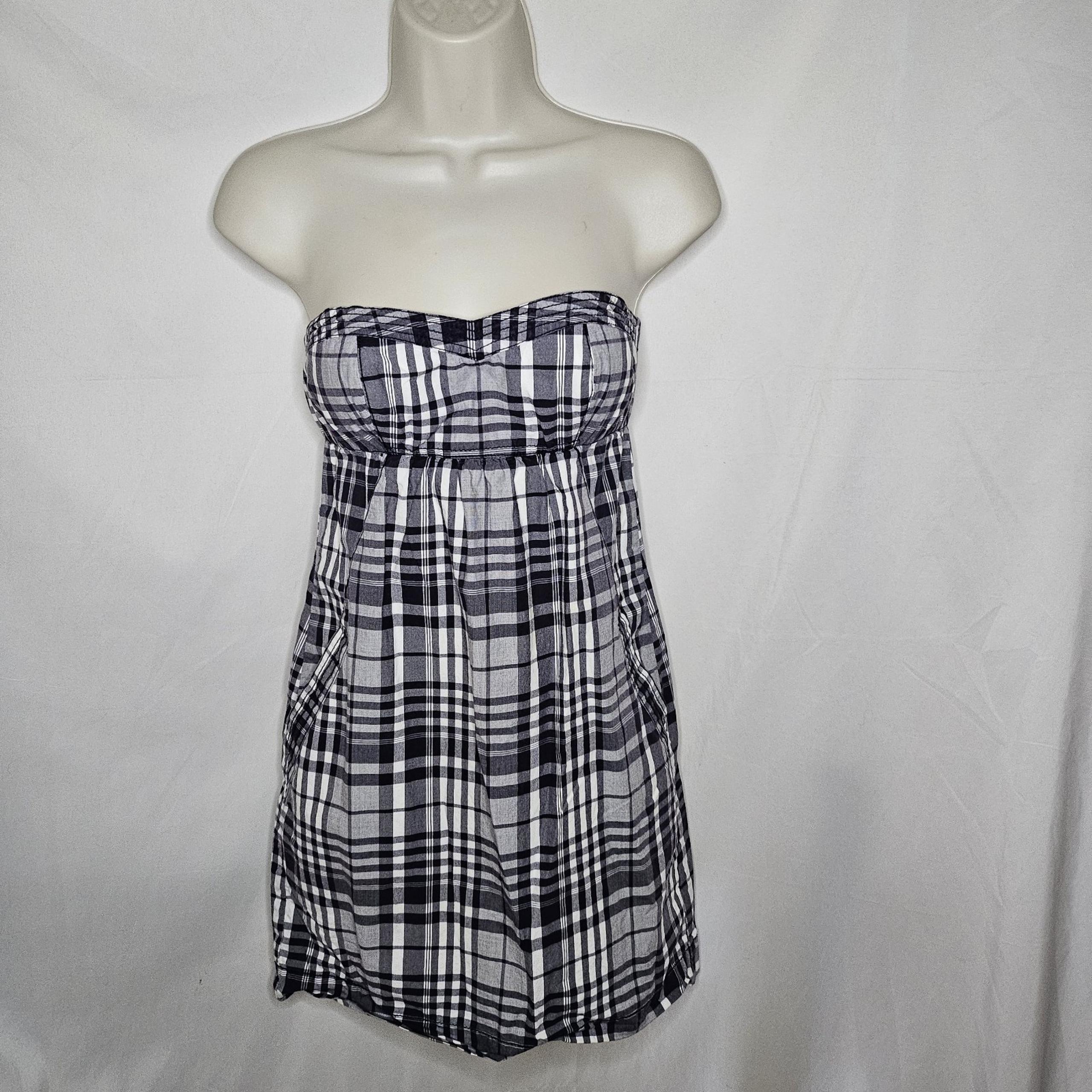 Womens American Eagle Blue Plaid Strapless Tube Dress Cotton Pockets Y2K Sz 0