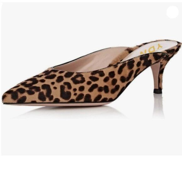 YDN Women Classic Pointed Toe Low Heel Loafers Slip on Mules Kitten Shoe Leopard