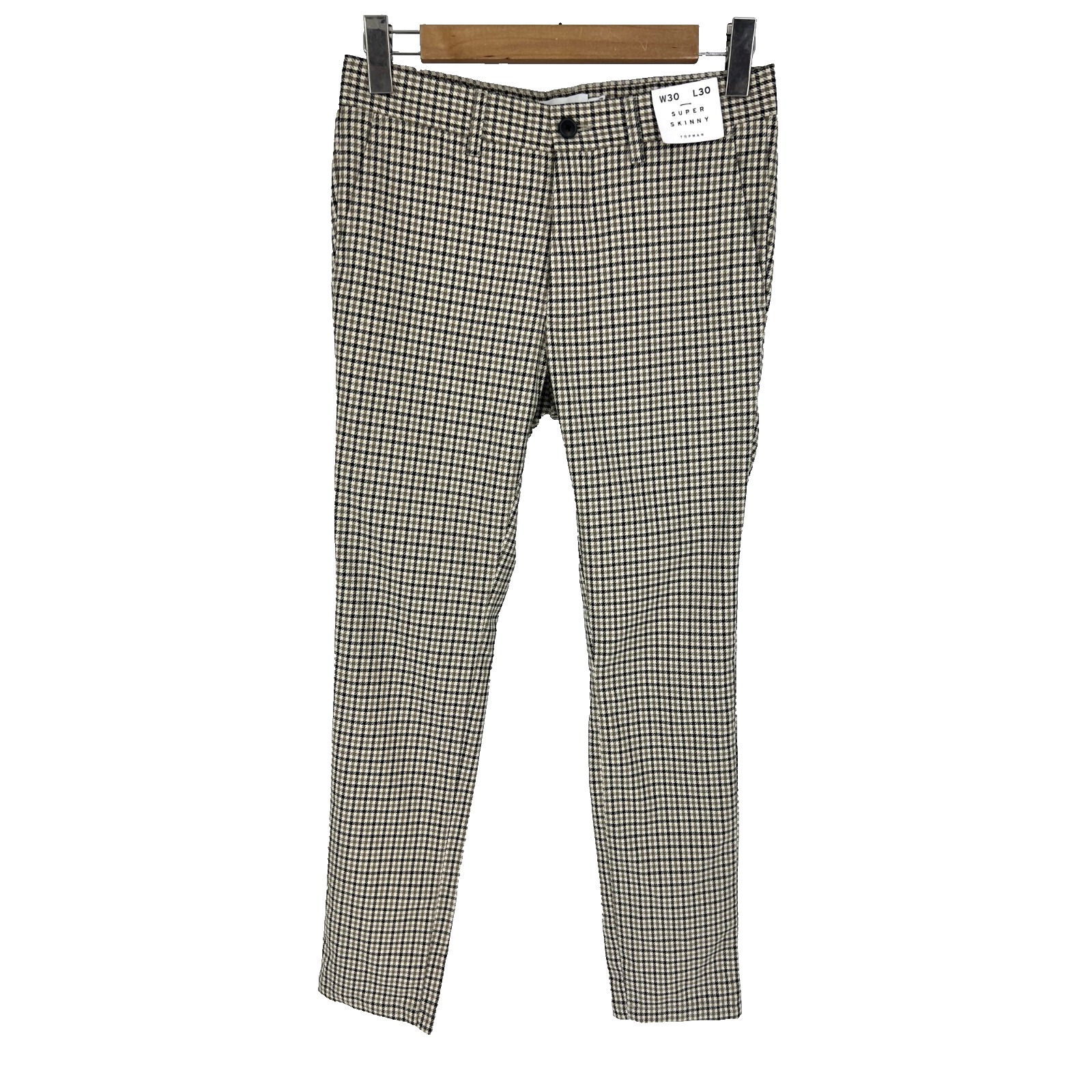 Topman Super Skinny Pants Mens Size 30x30 Black Tan Plaid Houndstooth Stretch