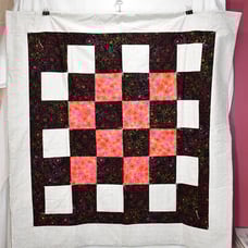 VINTAGE CRAZY QUILTS BLACK W/RED FLOWERS & TAN 45 X 45