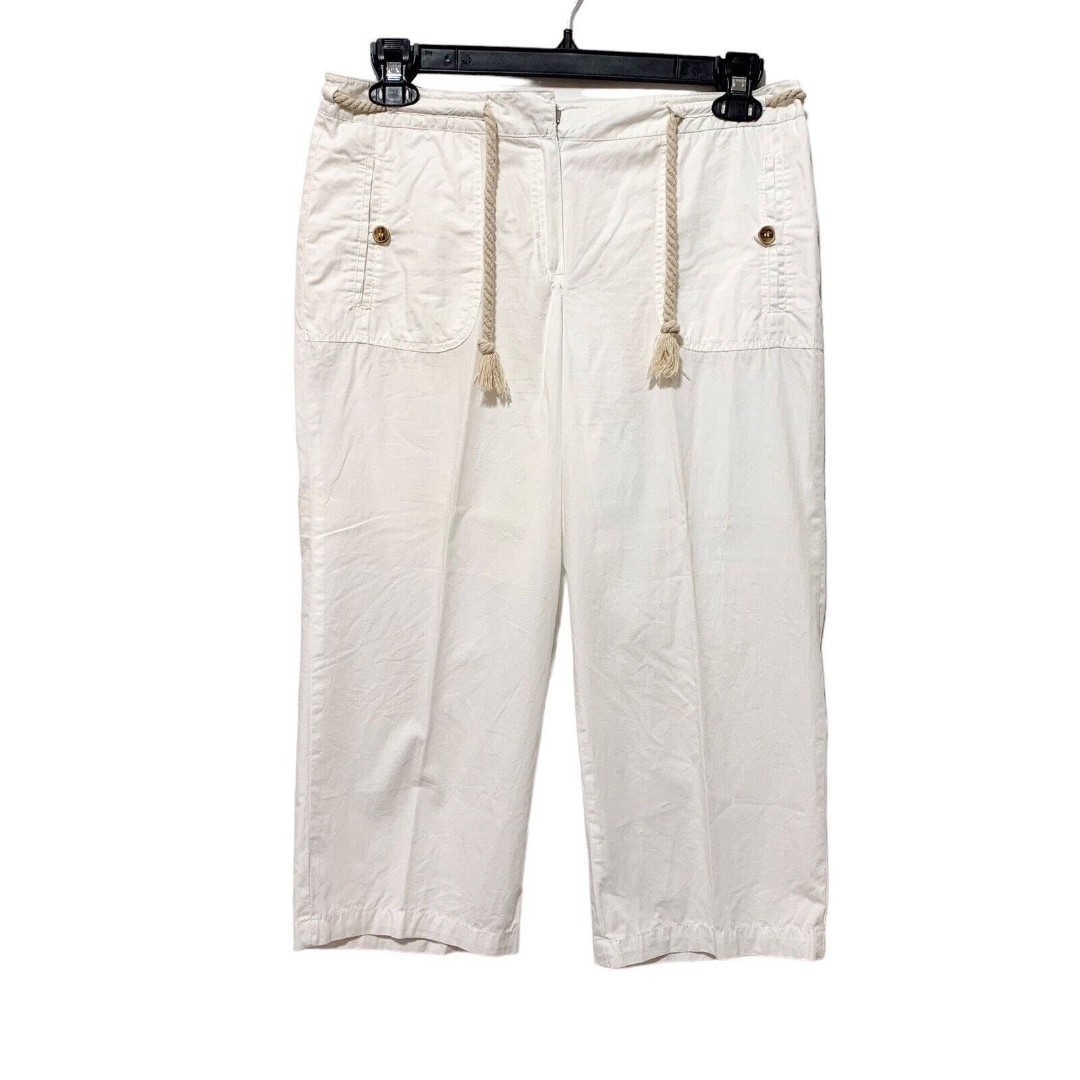 Sandro Women Size 10 White Capri Pants Rope Belt Cotton