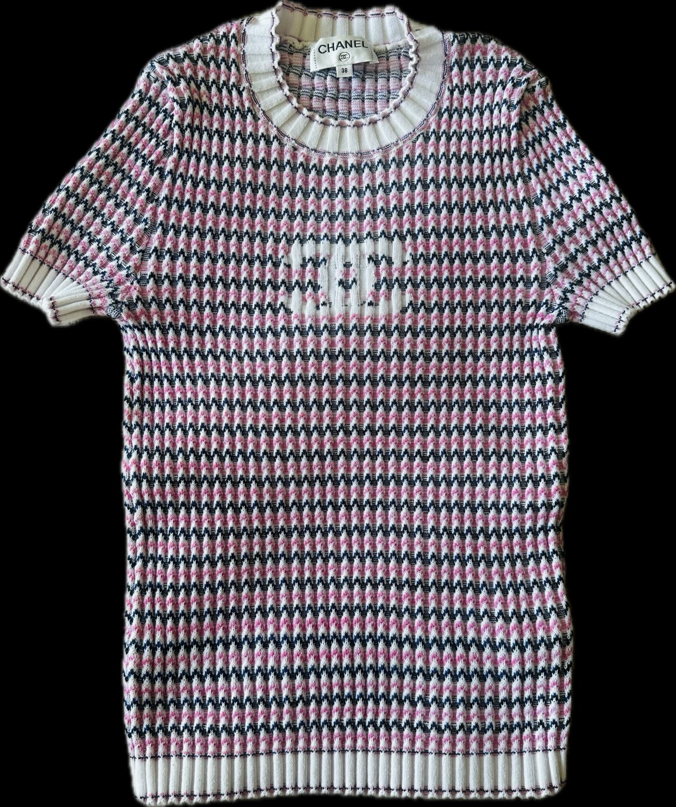 The Chanel Pink and White Knit CC Logo Top T-Shirt