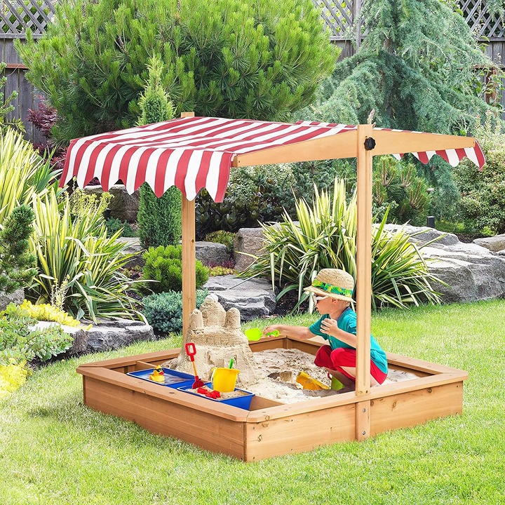 Kids Sandbox with Cover w/ Adjustable Canopy Seats Plastic Basins for Backyard4