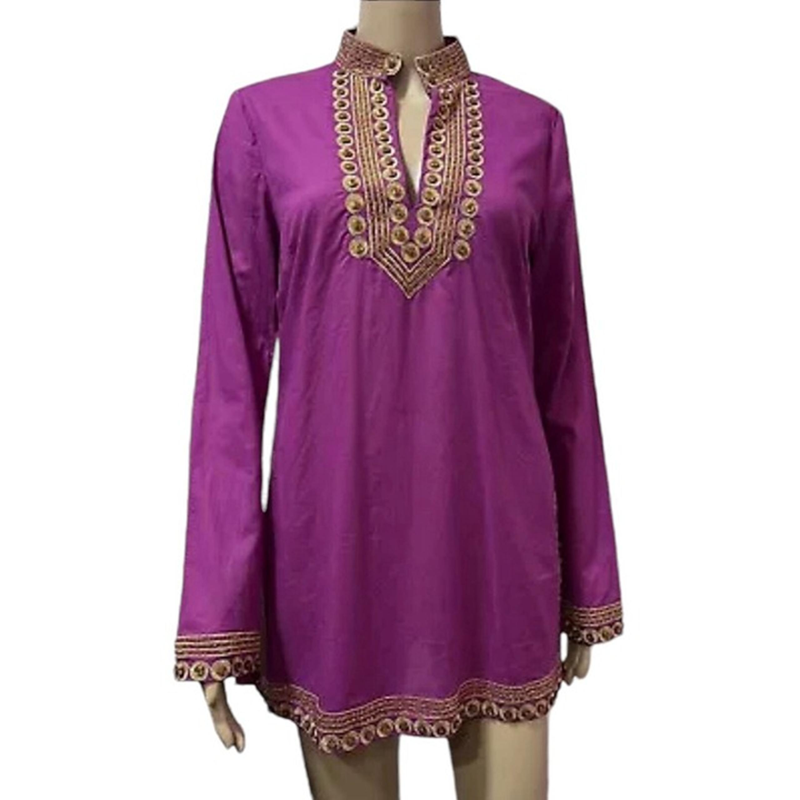 Tory Burch Women Top Tunic Blouse Size 6 Magenta Gold Embroidery Long Sleeves