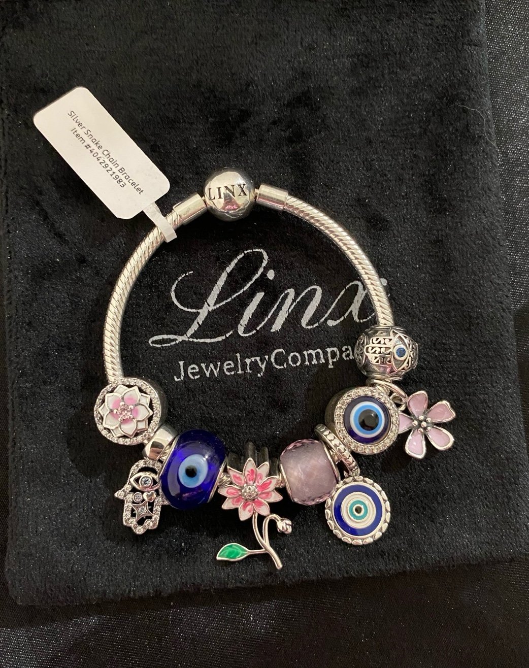 Linx Snake Chain Bracelet with Hamsa Hand Evil Eye and Pink Themed Charms